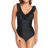 Generisch Damen Badeanzug Badeanzug Mit RüSchen Und V-Ausschnitt Schlankheits-Tummy Control-Badebekleidung Beachwear (XXL,Schwarz)