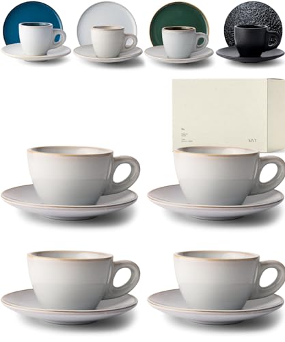 KIVY Cappuccino Tassen Set [4 x 180ml] - Handgefertigt aus dickwandigem Steingut - Cappuccino-Tassen mit Untertasse - Kaffeetassen Set mit Untertasse - Edle Cappuccino Tassen Dickwandig Groß Grau