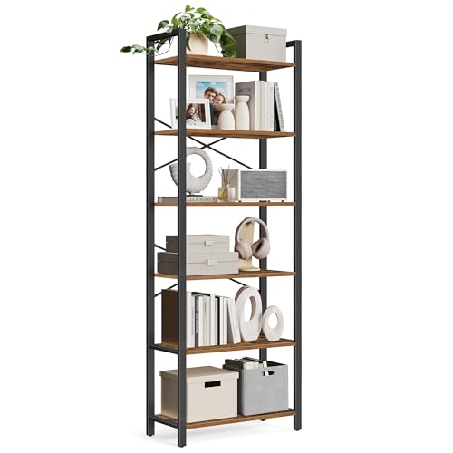 VASAGLE Bücherregal 6 Ebenen, Standregal mit Stahlrahmen, freistehendes Regal, Wohnzimmer, Schlafzimmer, Arbeitszimmer, 30 x 66 x 186 cm, Industrie-Design, vintagebraun-tintenschwarz LLS062B01
