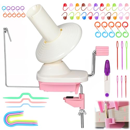 Erzekrim Kugelwickler 56 Stück Rosa, Garn Ball Wickler, Kugel Wolle Wickler, Garnstrickwebstuhl, handbetätigte Swift Garn, Wollwickelmaschinen mit 54 Strickstichmarker, Plastiknadeln (B)