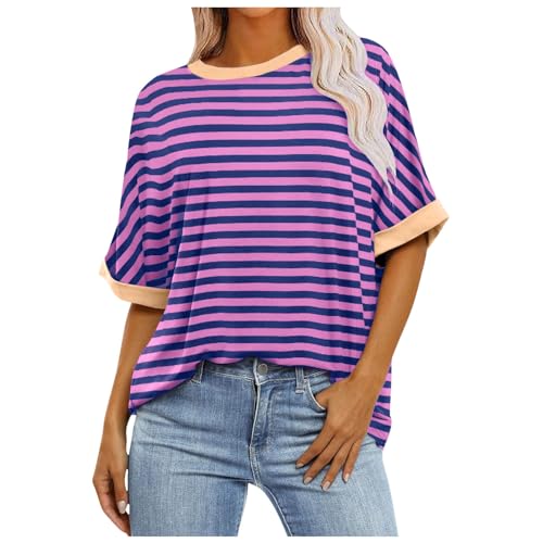 2025 - Frauen Sommer Casual Rundhals Lose T Shirt Modische Gestreiften Farbverlauf Gedruckt Bündchen Kurzarm T Shirt Top Ausgefallene Mäntel (Purple, L)