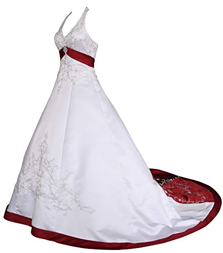 Romantic-Fashion Brautkleid Hochzeitskleid Weiß/Bordeaux Modell W085 A-Linie Satin Stickerei Zweifarbig DE Größe 38