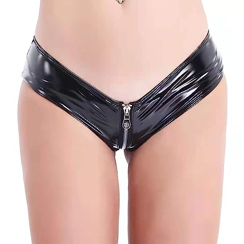 BIAOQINBO Damen Wetlook Hotpants Glänzend Ouvert-Slip PU Leder Tanga Frauen Shorts Lackleder Bikini Slips mit Reißverschlüsse Erotik Höschen G-String Unterwäsche Clubwear