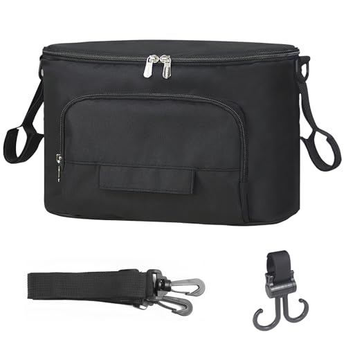 Bizcasa Kinderwagen Organizer, Universal Kinderwagentasche, Baby Kinderwagen Tasche, Baby Wickeltaschen mit Reißverschlusstasche, Becherhalter, Schultergurt und Großem Stauraum (Schwarz)