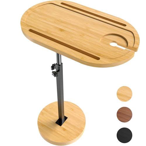 NiHome C Form Beistelltisch aus Bambus, Höhenverstellbar mit Verdickter Stabiler Basis, Sofatisch mit 360° drehbarem Tischplatte, Mobiler Side Table für Couch, Badewanne, Balkon,Bett(Gelb)