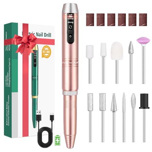 Nagelfräser Kabellos, Fräser für Gelnägel, Elektrische Nagelfeile Tragbar Nail Drill, 11 in 1 Maniküre Set Elektrisch für Semi Permanent, Naturnägel und Nagelhaut, Ideal für den Hausgebrauch, Gold