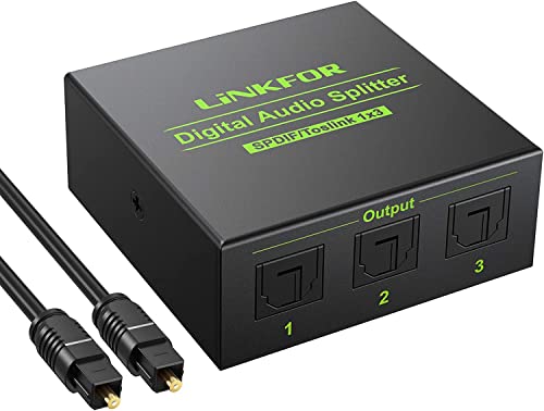 LiNKFOR Optischer Splitter, SPDIF Toslink Splitter, 1x3 Digital Audio Verteiler, 1 optisches Kabel, Aluminiumlegierung, unterstützt LPCM 2.0 DTS Dolby-AC3, kompatibel mit PS3 DVD HDTV STB etc