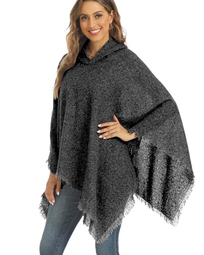 crazy bean Poncho Damen mit Kapuze mit Fransen Cape Damen Winter Warm Winddichte V-Ausschnitt Poncho Schal Pullover Mantel Elegant Schwarz