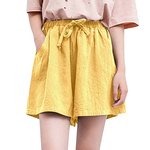 Shorts Damen Sommer Leinen Musselin Kurze Hose Damen mit Zwei Taschen Lockere Stretch Weite Einfarbig Elegant Gerades Bein Sporthose Kurze Hose Gummiband Strandhose Leinen Shorts Damen