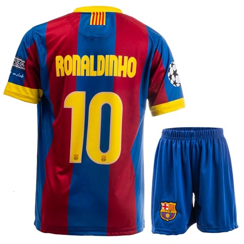 NIHMEX Barcelona Legende Ronaldinho #10 Retro Seltenes Fußball Kinder Trikot Shorts Set Jugendgrößen (Ronaldinho Blau,176)