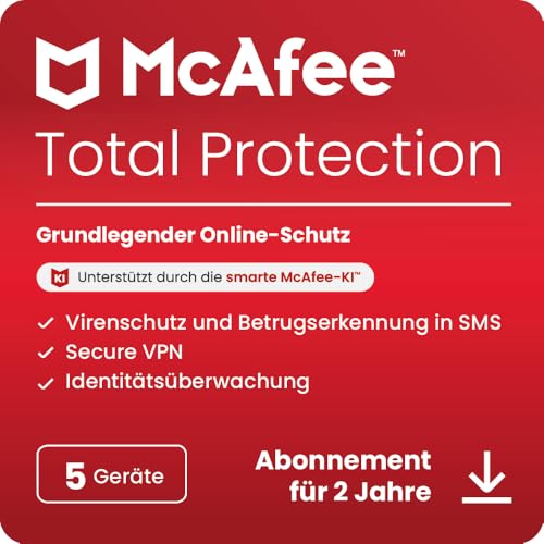 McAfee Total Protection (5 Geräte) 2025 | 2 Jahre | Secure VPN, Sicherheitssoftware mit Virenschutz,Kennwort-Manager, Identitätsüberwachung | Digitaler download