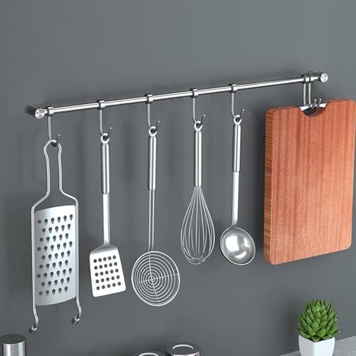 Luabue Hakenleiste Silber Küche Hakenleiste Edelstahl Hakenleiste Küchenleiste Küchenreling 40 cm Küchenleiste mit 7 Haken Hängeleiste für Küchenutensilien Küche Badezimmer Schlafzimmer