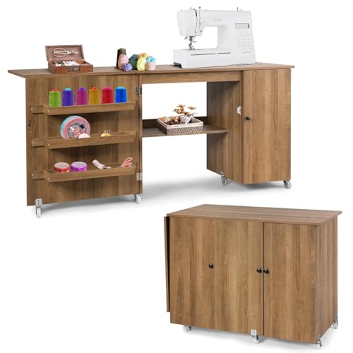 COSTWAY 2 in 1 Nähtisch Nähschrank klappbar, Nähmaschinentisch mit Arbeitsplatte, Ablagen & Türschrank, Mobiler Schreibtisch mit abschließbaren Rollen, Basteltisch Nähmöbel, 158x50x75cm (Natur)