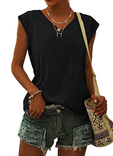 WNEEDU T Shirt Damen V Ausschnitt Cap Sleeve T-Shirt Tank Top Damen Sommer Casual Loose Fit Blusen Schwarz XL