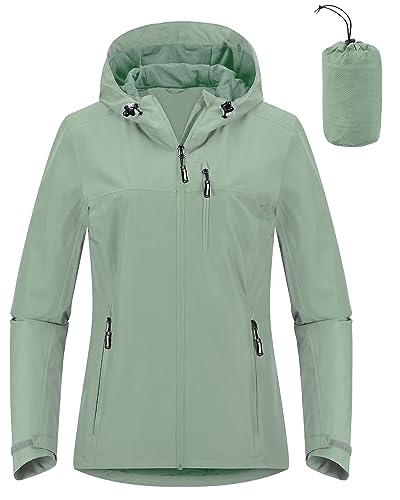 Outdoor Ventures Damen Regenjacke 10000MM Wasserdicht Leichte Gefüttert Packbar Sportjacke Funktionsjacke Atmungsaktiv Fahrrad Jacke mit Kapuze Mintgrün M