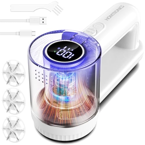 Homtronics Fusselrasierer Elektrisch, [USB Aufladung] Fusselentferner für Kleidungsstücke, LED-Anzeige 3 Einstellbaren Leistungsstufen, Fusselfräse mit 6-Klingen-Kopf für Kleidung Sofa Teppich (Weiß)