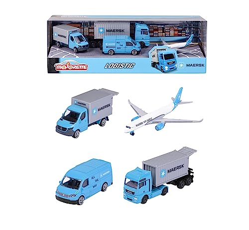 Majorette - Maersk Transport-Fahrzeuge (Geschenkset) - 4 Modellfahrzeuge aus Metall (Man Truck, Mercedes-Benz Sprinter, Volkswagen Crafter & Airbus Flugzeug), Spielzeug für Kinder ab 3 Jahre