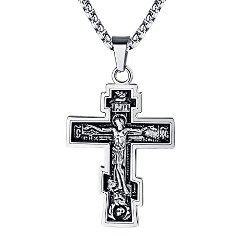 FaithHeart Edelstahl Orthodoxe Kreuzkette für Männer Herren Jungen Kruzifix Anhänger mit Gravur Religiöser Amulett Schmuck