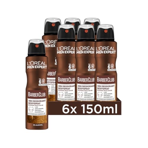 L'Oréal Men Expert 48H Deospray für Männer, Bodyspray gegen Schweißgeruch, Schwitzen und Achselnässe, Herren Deo Antitranspirant mit holzigem Duft und ätherischem Zedernholzöl, Barber Club, 6 x 150 ml