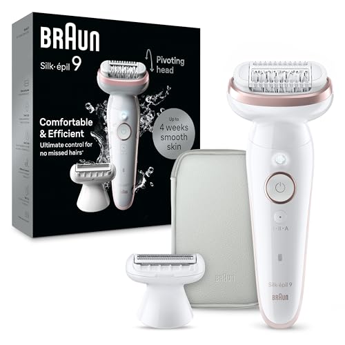 Braun Silk-épil 9, Epilierer mit schwenkbarem Kopf für eine einfache Haarentfernung, Wet&Dry, langanhaltend seidig-glatte Haut, Ladyshaver, Rasieraufsatz und Trimmeraufsatz,9-030, Weiß/Flamingorosa