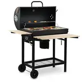 BBQ-Toro Holzkohle Grillwagen mit Deckel | Ø 80 x (L) 42 cm | Premium Holzkohlegrillwagen fahrbar, inkl. Thermometer, Warmhalterost, Holz Ablagen | Smoker, Holzkohlegrill, Barbecue Grill, Holz Grill