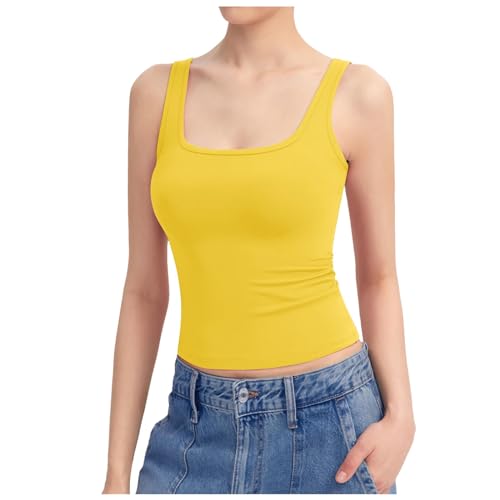 2024 Neu – Damen-Tanktop mit quadratischem Ausschnitt, ärmellos, doppelt gefüttert, Basic-Tops, scharfe Kollektion, Tops für Frauen, lockere Passform mit BH, gelb, S