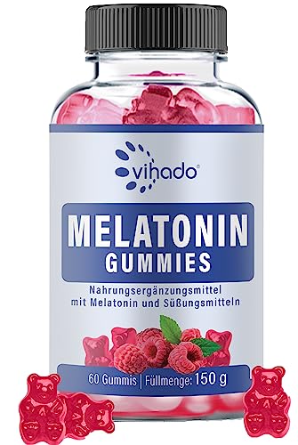 Vihado Melatonin Gummies - so lecker und soft, hochdosiert, ohne Zuckerzusatz, vegan - besser da mit Vitamin D3, K2, Passionsblume und Kamille, 60 Gummis