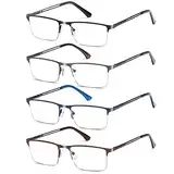 Fsread 4 Pack Halbe Rahmen Lesebrille für Herren Komfortable Robuste Leichtes Rechteckige Metallrahmen Blaulichtfilter Brille mit Federscharnier +2.0