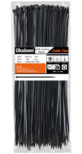 Oksdown Kabelbinder Schwarz 300mm × 3,6mm Nylon 100 Stück UV Beständig Kunststoff Schwarze Kabelbinder Zugfestigkeit Von Bis Zu 18,2kg für Industrie, Gartenbau, Kabelindustrie