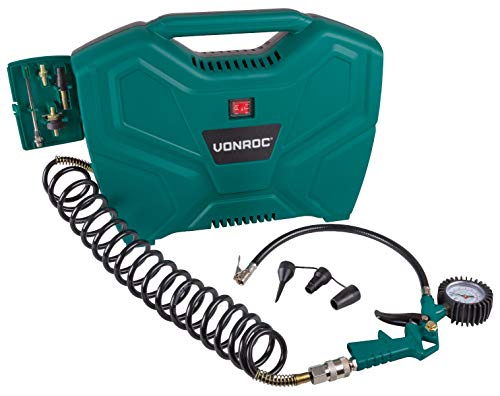 Vonroc Tragbarer Luftkompressor, 1100 W, 8 Bar – Luftdurchsatz 180 l/m – Reifenfüller für Auto, Motorrad, Fahrrad, Ball – tragbarer Kompressor ohne Öl mit 11 Zubehörteilen