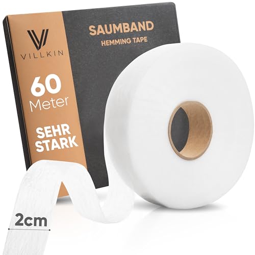 Villkin Saumband 60m Länge und 20mm Breite – Bügelband zum Aufbügeln auf Textilien wie Hosen Gardinen Vorhänge – Hochwertiges Saumfließ (Weiß, 20mm x 60m)