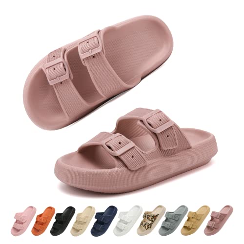 Geweo Sandalen Slides für Damen Hausschuhe Herren Dick EVA Badelatschen mit Schnalle Super Weich Wolken Schuhe Badeschlappen Rutschfeste Badeschuhe Bequem Cozy Slides Slippers Unisex Mauve 35/36EU