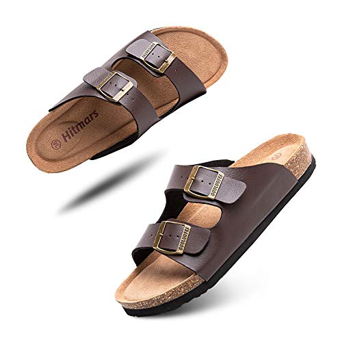 Pantoletten Herren Damen Sandalen Sommer Hausschuhe Tieffußbett Arch Support Schnallen Slides mit Kork Fußbett Flache Sommerschuhe Braun Größe 44 EU