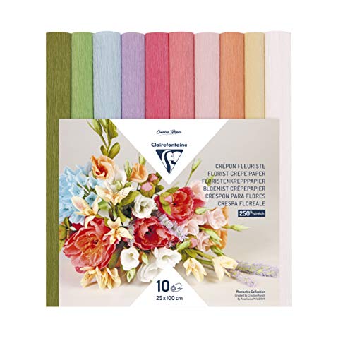 Clairefontaine 995000C Krepppapier, Floristen-Format, 25 x 100 cm, Elastizität, 250%, Grammatur 160 g, Papierblumen, nicht abfärbende Farben, 10 Pastellfarben