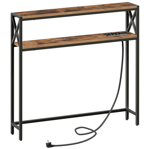 MAHANCRIS 100 cm 2-stöckiger Konsolentisch, Beistelltisch, mit 2 Steckdosen und 2 USB, Schmaler Eingangstisch, Flurtisch, Sofatisch für Flur, Wohnzimmer, Schlafzimmer, Vintagebraun ACTHR115UE01