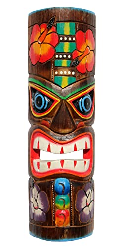 Wogeka - Bunte 50 cm TIKI Maori Wand-Maske - im Neuseeland Style aus Holz als Geschenk-Idee zu Weihnachten Geburtstag Dekoration - Handarbeit Schnitzerei von Bali (TIKIB04)
