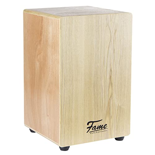 Fame Beginner Cajon, Einsteiger Cajon aus 7-lagigem Sperrholz, Drum Box mit abgerundeten Kanten, Schlagfläche aus Esche, Snare-System Gitarrensaiten