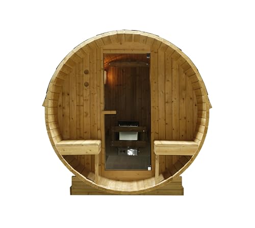 Outdoor Fasssauna BERGEN 4-6 Personen, Thermo-Fichtenholz, Saunaofen inkl. Saunasteine, mit Saunakübel mit Schöpfer, Thermometer und Sanduhr, Abmessung: 189x220x191,5