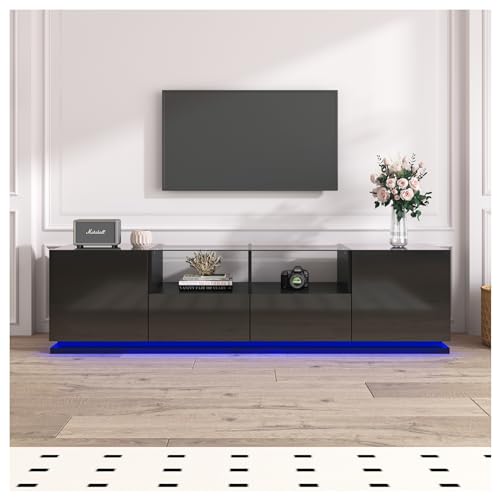 Racxily TV-Schrank mit mehrfarbigen LED-Lichteffekten, mit Glasablagen, zwei Schubladen und zwei Türen, TV-Schrank für Wohnzimmer, 165 cm (schwarz)