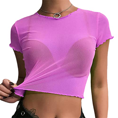 Damen Netzstoff Shirt Oberteil Glitzer-Top T-Shirts Club Transparent Tüll Mesh Oberteile Bluse Tunika Party Clubwear