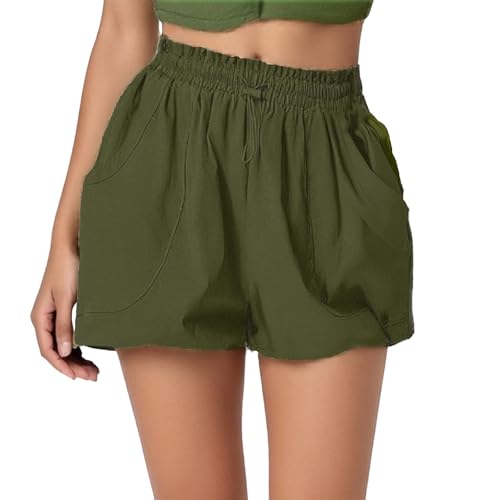 Farbwechselnde Shorts Skorts Elastischer Skort mit hoher Taille Puff-Shorts in A-Linie Rüschenfalten Slip Damen(Grün,XL)