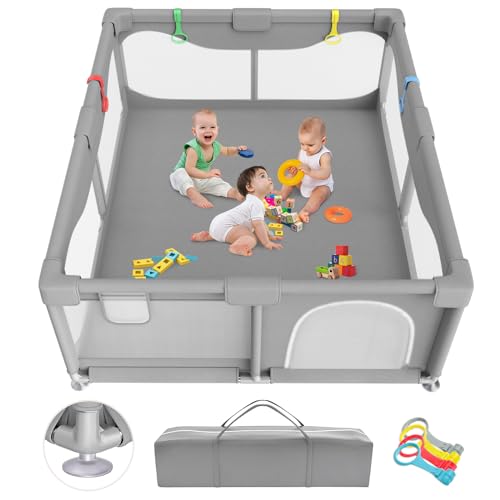 Sarr Klith Laufstall Baby 150 X 180cm, Laufgitter Baby mit Saugnäpfen, Indoor/Outdoor Laufgitter mit Atmungsaktivem Netz, Keine Spielmatte, Große Sicherheitsspielplatz mit Einfacher Montage/Demontage