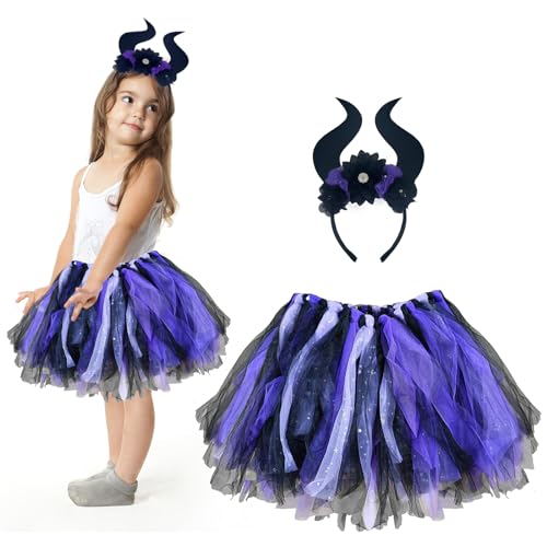 Hexenkostüm Kinder Mädchen, Faschingskostüme Halloween Karneval Kostüm, Hexe Kostüm Zubehör Set Tüllrock Tütü Rock Hexenhut Teufelshörner Haarreifen, Hexen Verkleidung Set Für Fasching Party (Hörner)