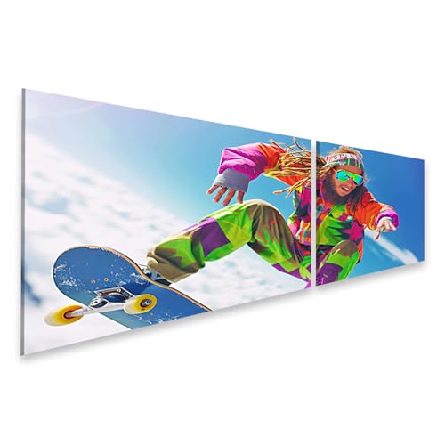 islandburner Bild auf Leinwand Skateboarder mit Rastas und bunter Kleidung im Schnee für Jugendzimmer Jugendliche Skateboardladen Bilder Wandbilder Poster