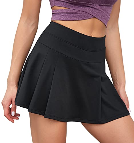 VUTRU Damen Tennisröcke Hohe Taille Tennis Skort mit Taschen Laufröcke Sport Golfrock mit Innenhose Schwarz S