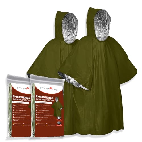 Ember Rock Notfall Survival Poncho mit Thermo Mylar Folienbeschichtung und Decke für Wärmehaltung Regenschutz. Wendbar mit Kapuze (Grün 2er-Pack)