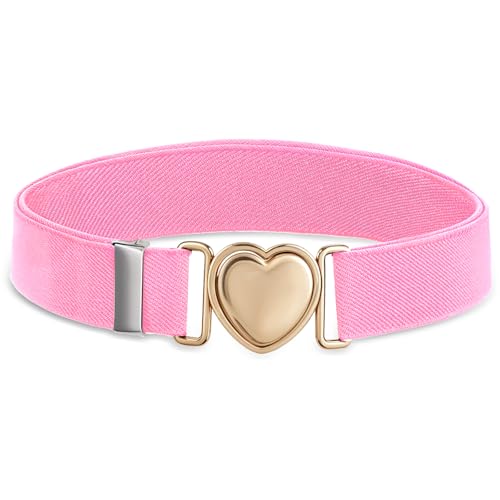 Lnngub Elastische Gürtel für Mädchen, Rosa Kinder Modegürtel Einstellbar Gürtel aus Polyester mit Herz Schnalle aus Zinklegierung für Jeans, Kleider, Pullover (Geeignet für Taillenumfang: 50cm–70cm)