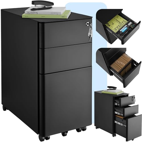tectake® Büro Metall Aktenschrank mit Rollen, abschließbare Kommode mit Schubladen für Schreibtisch, Rollcontainer, Schubladenschrank, Organzier, Rollwagen Schrank abschließbar (schwarz)