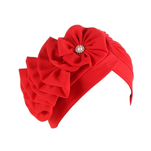 Cap Light Damen Casual Solid Blumen Hut Mütze Kopfbedeckung Muslimische Turban Mütze Slouchy Kopfbedeckung Cap Trucker Damen (Red, One Size)