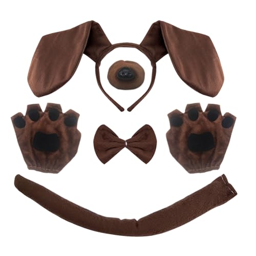 XNIVUIS 5 Stücke Tier Welpen Hund Kostüm Set,Verkleidungen & kostüme für Hunde,Welpen Hund Stirnband Ohren, Fliege, Schwanz,Fliege,Nase,für Erwachsene Kinder Party Dekoration Zubehör(Braun)